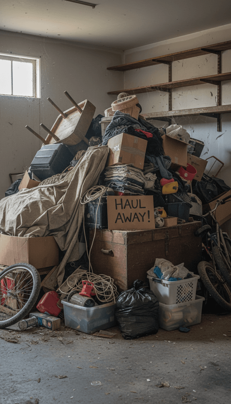 Pile of household clutter and discarded items in a garage ready for hauling