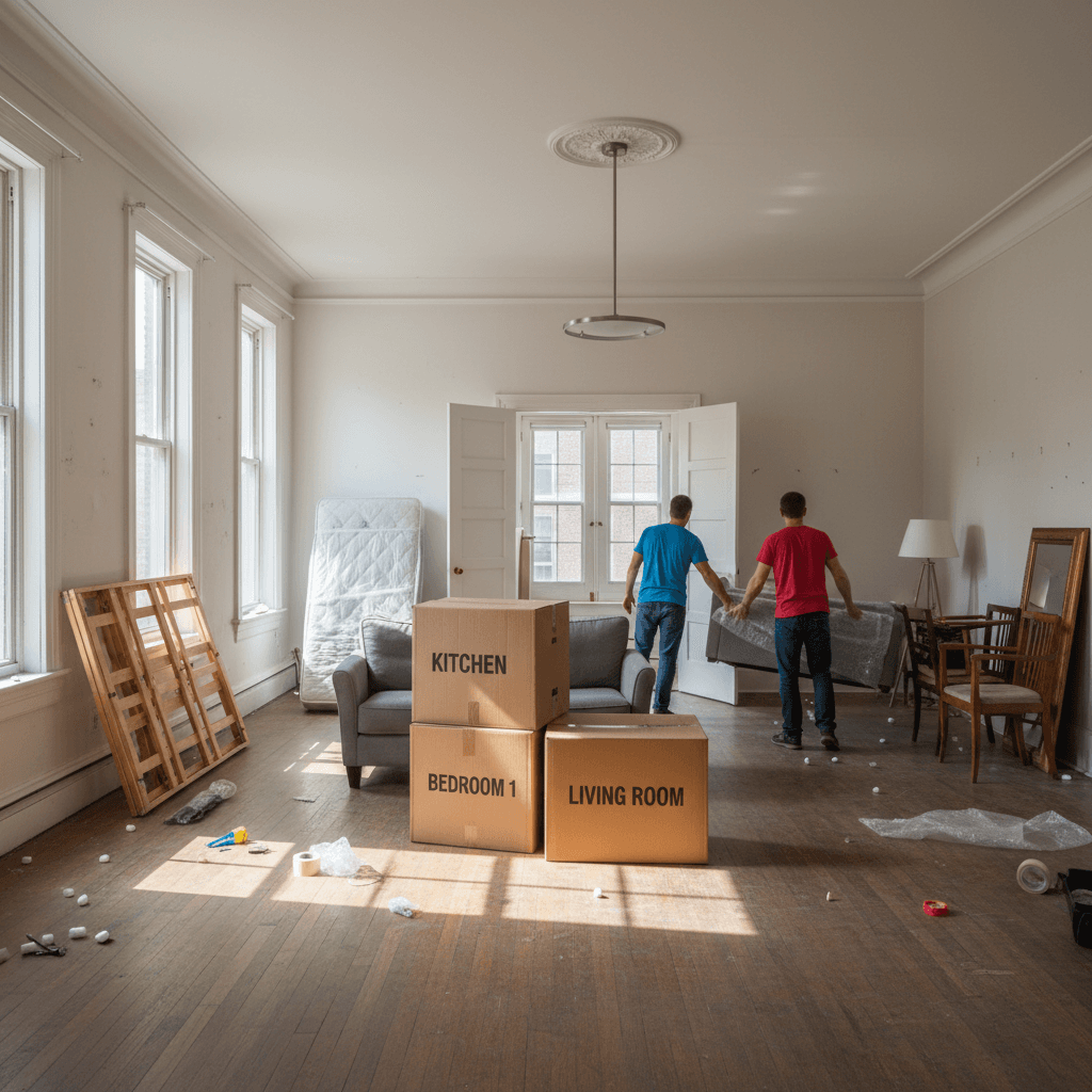 Cleared apartment with a few boxes ready for move-out