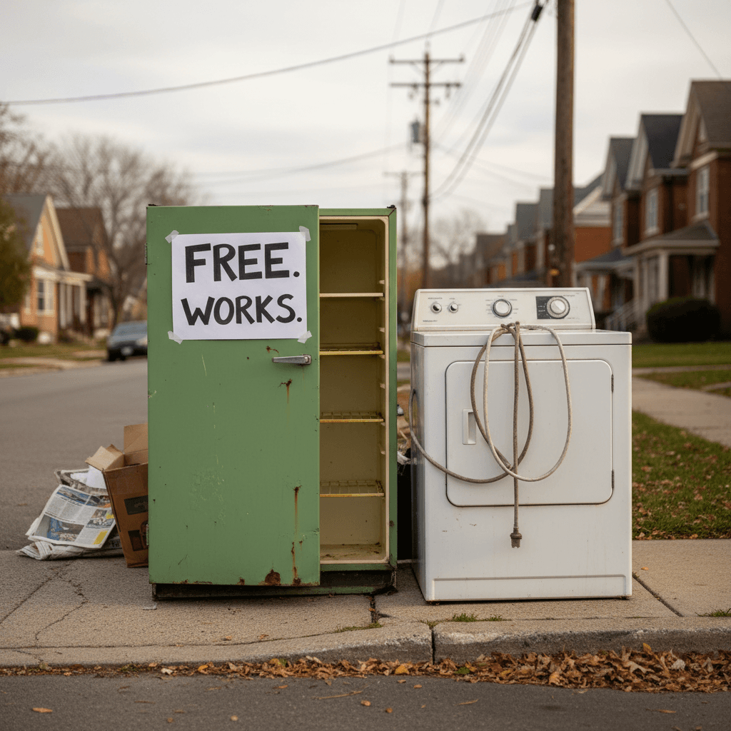 Old refrigerator and washing machine on a curb ready for disposal
