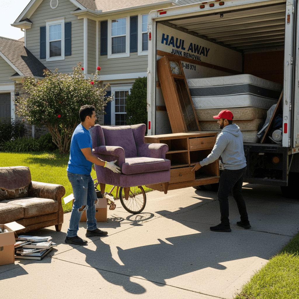Worker loading old furniture into a junk removal truck on a residential driveway