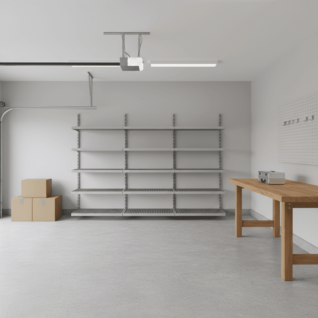 Organized garage space with empty shelves after a cleanout