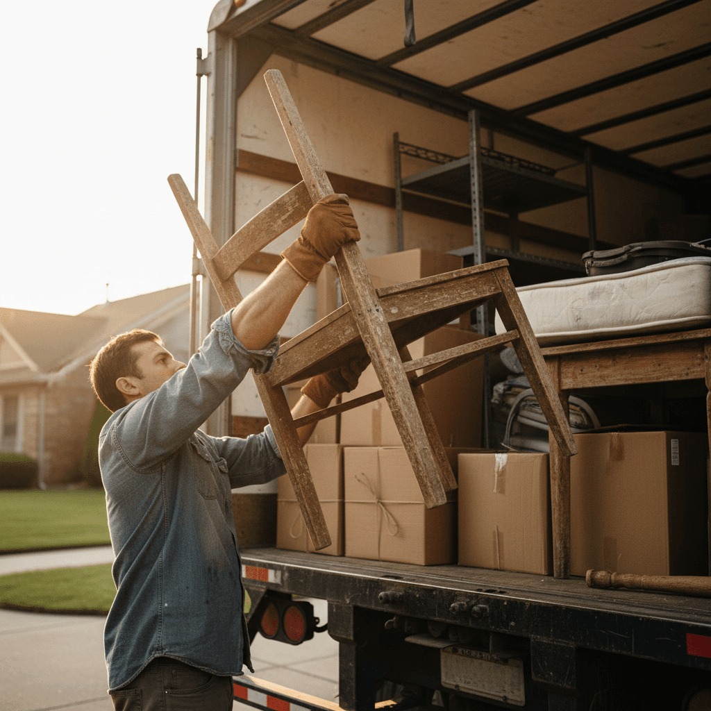Worker loading worn wooden chair into truck bed during residential junk removal service