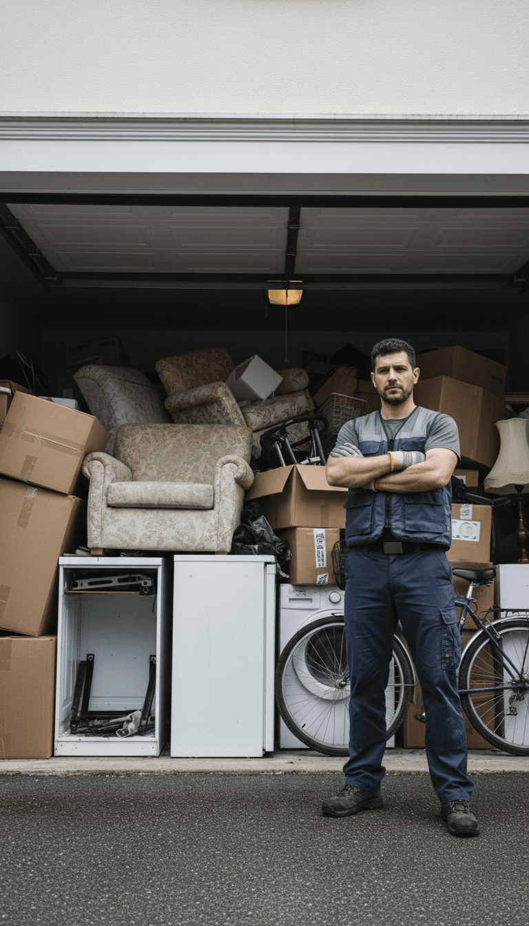 Professional junk removal worker standing confidently in front of a cluttered residential garage filled with boxes and furniture